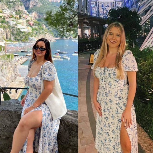 Floral Print White Flared Dress Puff Short Sleeve Leg Slit - Picture 16 of 16